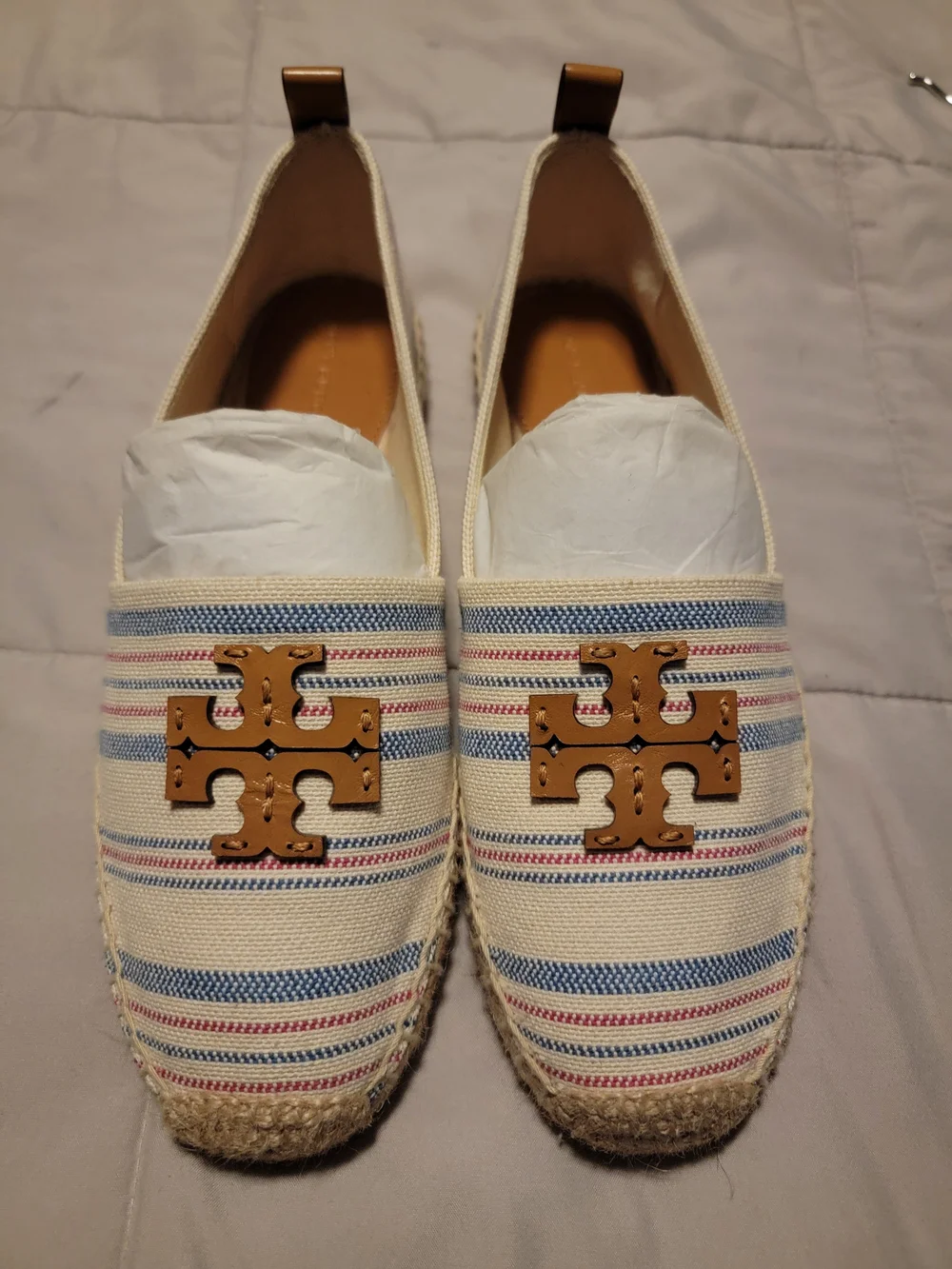 Tory Burch Cream Striped Canvas Espadrilles with Tan Logo
